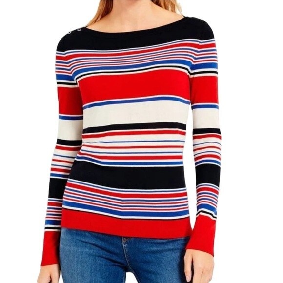 Talbots Stripe Nautical Long Sleeve Boatneck Sweater Too Button Detail Colorful - Picture 1 of 16